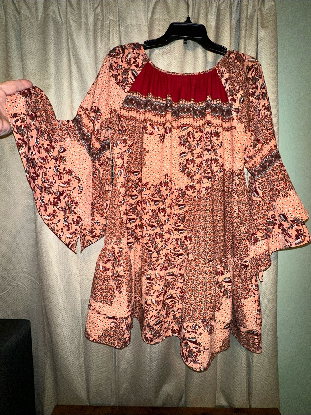 Umgee Boutique Boho Mixed Print Tiered Dramatic Bell Sleeve Tunic Top Dress M